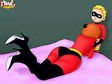 Mrs. Incredible laying on a bed sucking off her son Dash.